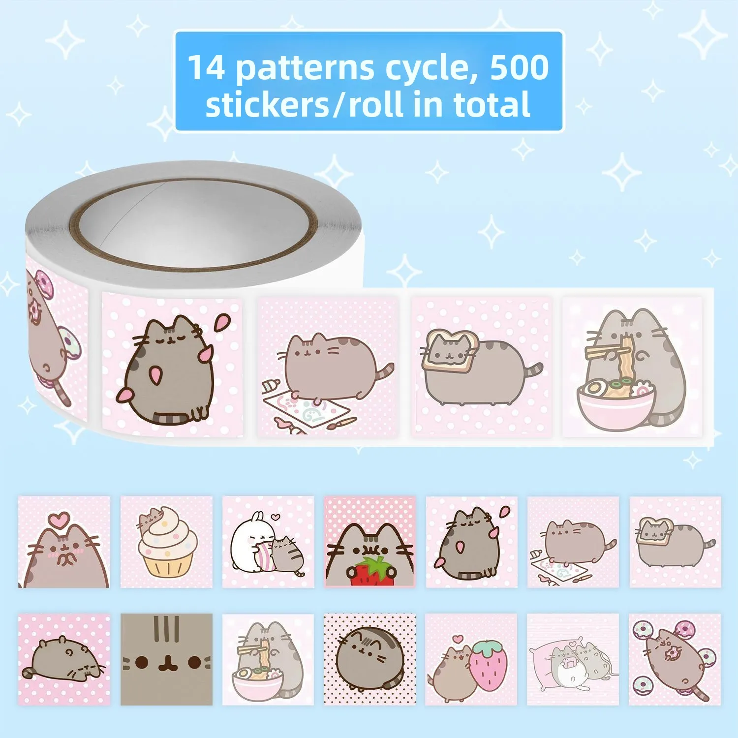 Pusheen-Stil Cartoon-Katzen-Aufkleberrolle, 500 Stück pro Rolle mit 14 Designs, niedliche selbstklebende Aufkleber für Scrapbooking und Tagebuch. – Detail 2