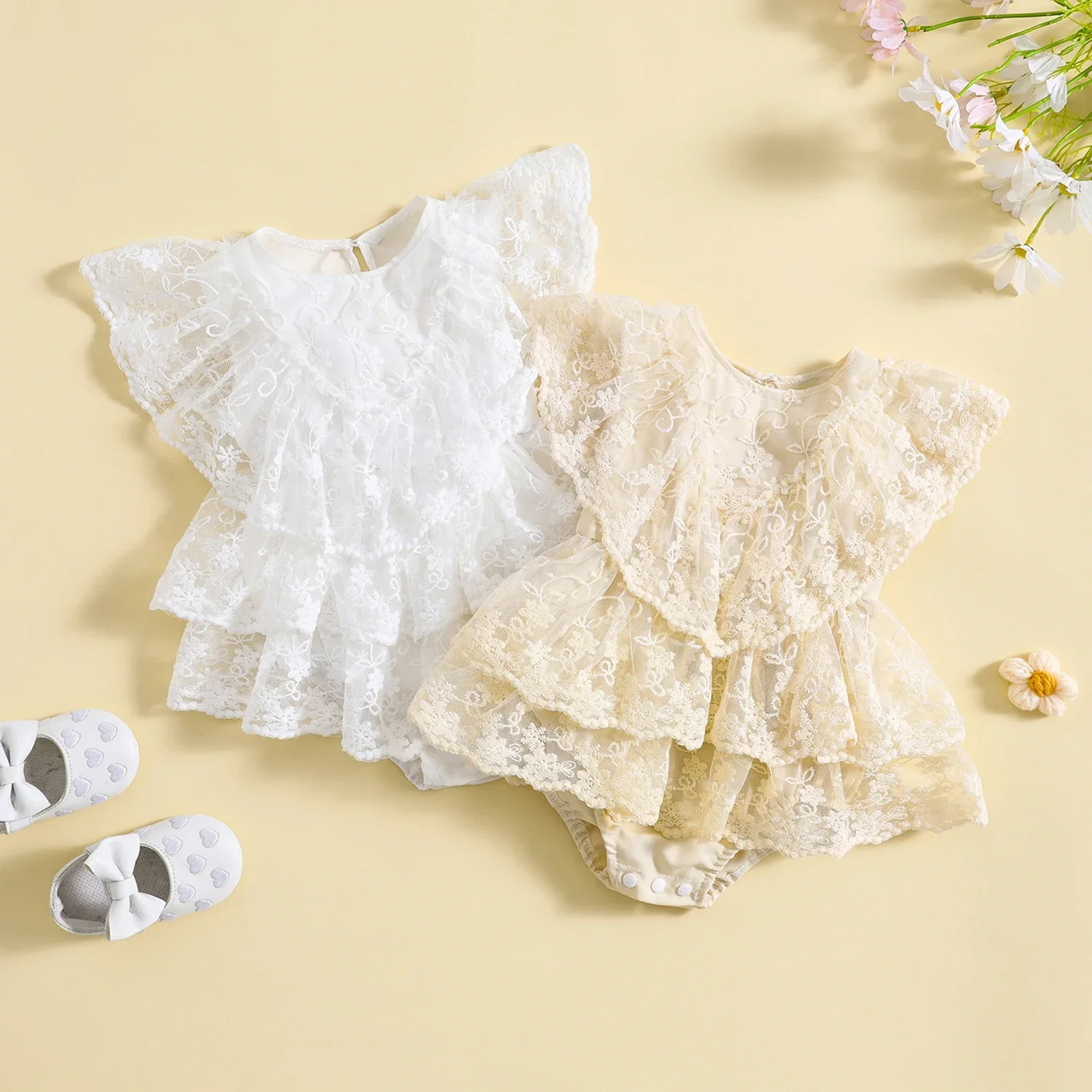 

Cute Lace Floral Newborn Baby Romper Dress Princess Mesh Layered Ruffled Hem Summer Toddler Infant Jumpsuit for Kids Clothes