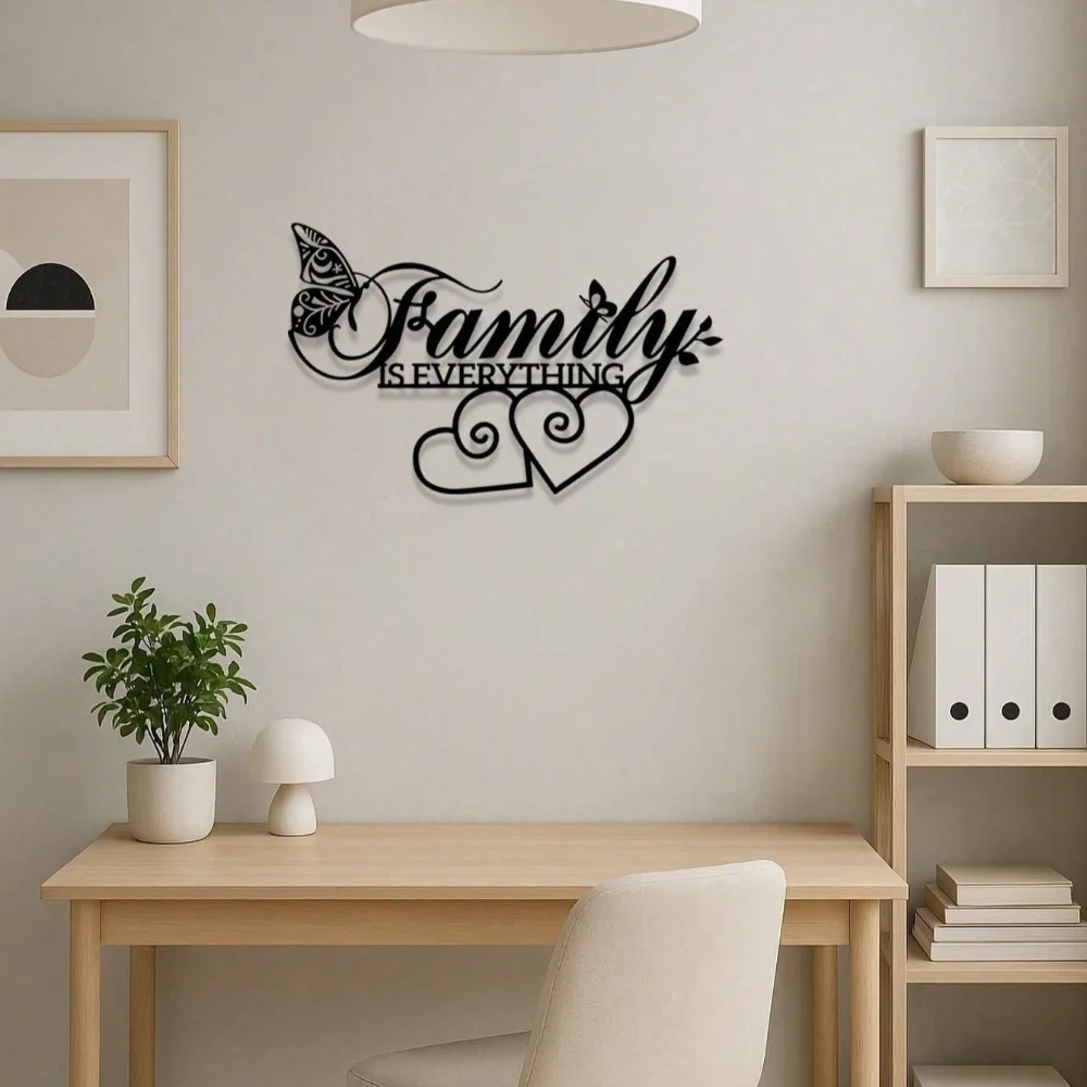 قطعة واحدة من لوحات الحائط "الأسرة هي كل شيء" المعدنية السوداء، لافتة نصية بسيطة، ديكور ملهم لغرفة المعيشة وغرفة الطعام #1