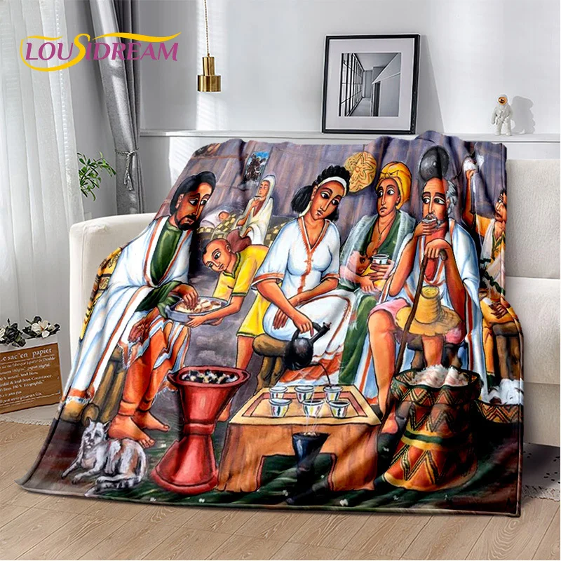 HD Africa Ethiopian Painting Art Cartoon Blanket,Soft Throw Blanket for Home Bedroom Bed Sofa Picnic Travel Office Cover Blanket