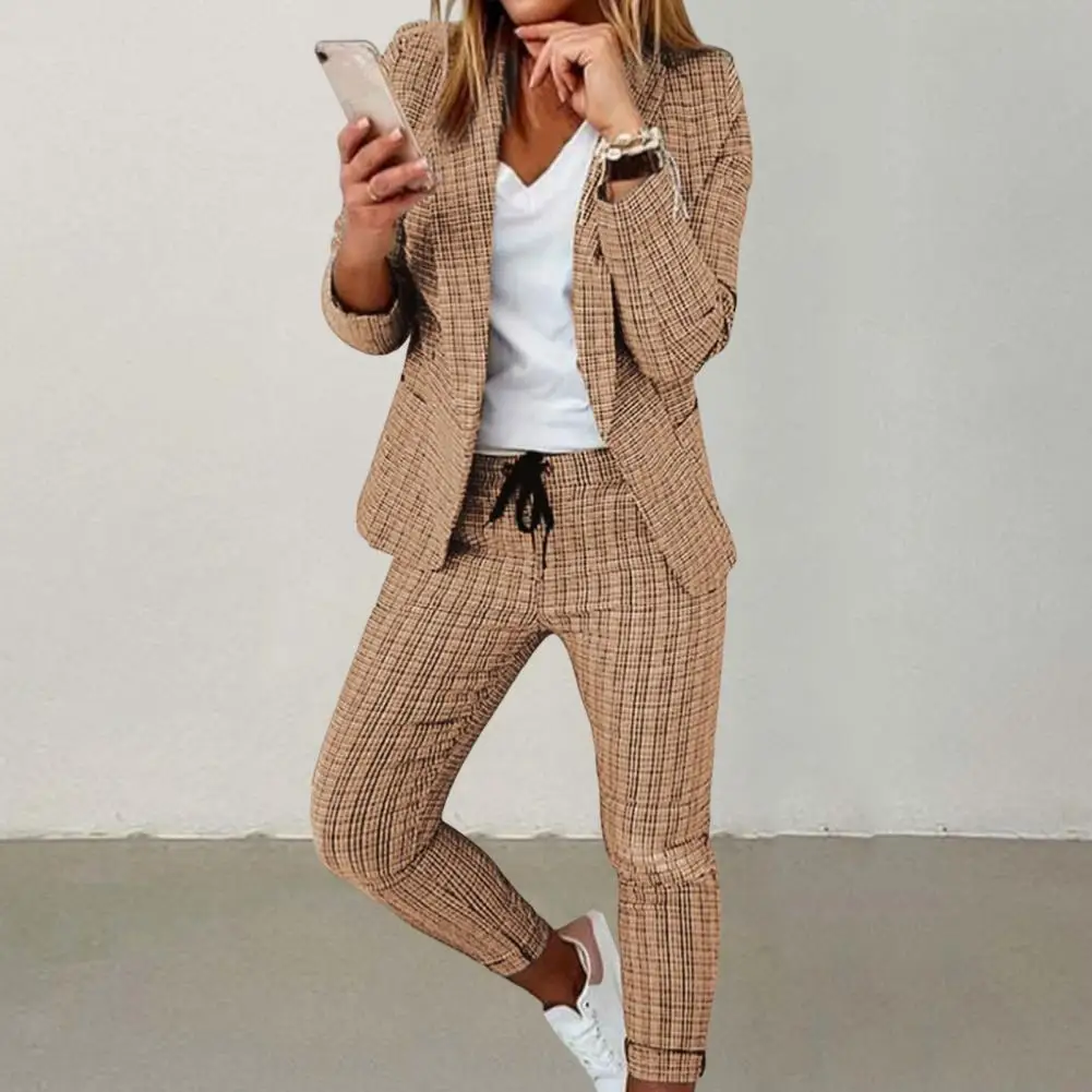 Lady Outfit Set Slim Fit Two-piece Open Stitch Women Blazer Pants Set OL Style Women Blazer Pants Set for Business Trip