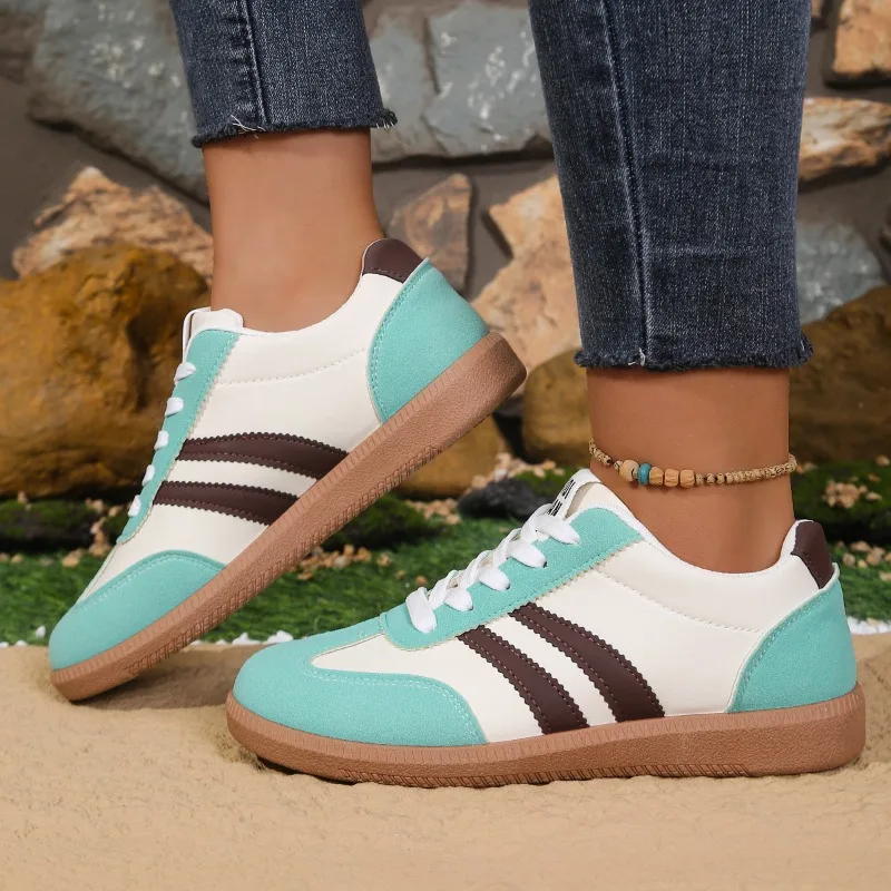 Women's Sneakers Vintage Color Block Round Toe Low Top Loafers Fashion Stripe Lightweight Comfort Women Shoes Tenis Feminino