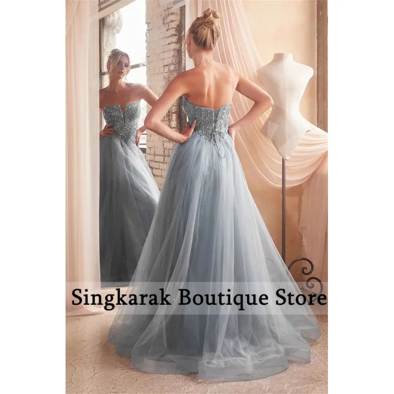 فستان حفلة موسيقية بدون حمالات لامع على شكل حرف a بدون أكمام بطول الأرض من vestidos de noiva برباط من الخلف فساتين سهرة