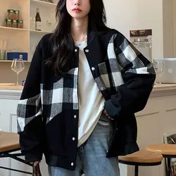 Korean Spliced Plaid Vintage Jackets Women's Clothing Streetwear Baseball Collar Spring Autumn Contrasting Colors Loose Coats