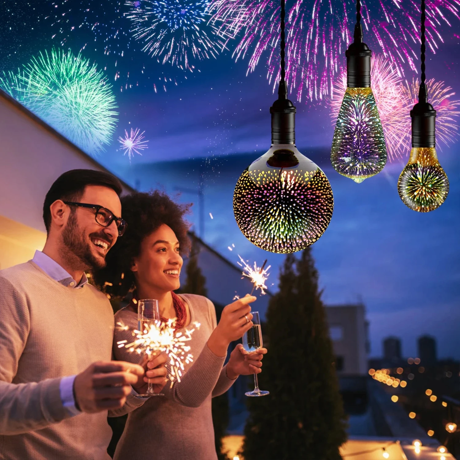 Candeeiro de mesa 3D Fireworks Effect LED para decoração de quarto e Natal, E27, 110V, 220V, criativo, impressionante, Holiday Night Light, novo