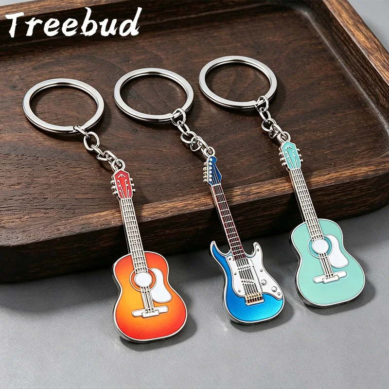 Treebud Custom Vintage Guitar Shape Color Printing Keychain for Friend Metal Musical Instrument Pendant Ring Music Souvenir Gift