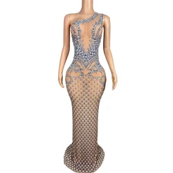 Sexy Luxury Diamond One-Shoulder See-Through Floor-Length Sheath Dress Evening Party Performance Photoshoot Nightclub Stage Wear