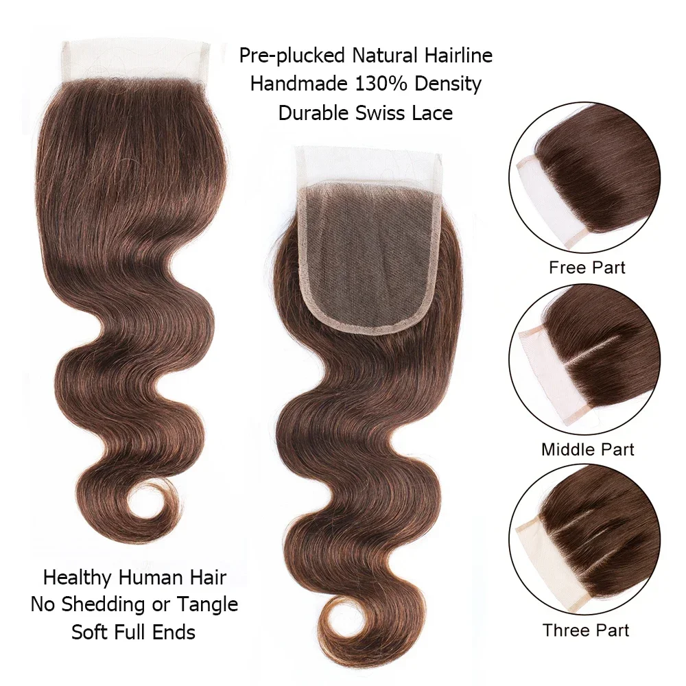 4x4 vetersluiting Echt haar Body Wave Natuurlijke kleur Donkerbruin Hoogtepunt Honingblond Bordeaux Indian Remy-collectie