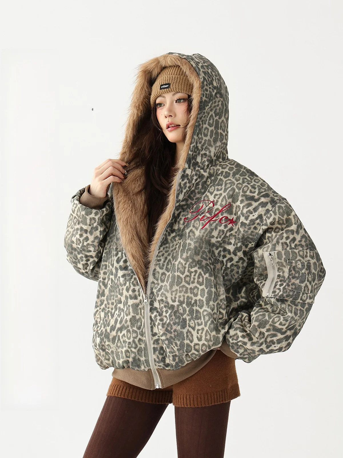 

AceStudios American Retro Plu Hooded Leopard Print Cotton Jaet Thiened Floing Sount Eagle Cotton Coat Outerwear