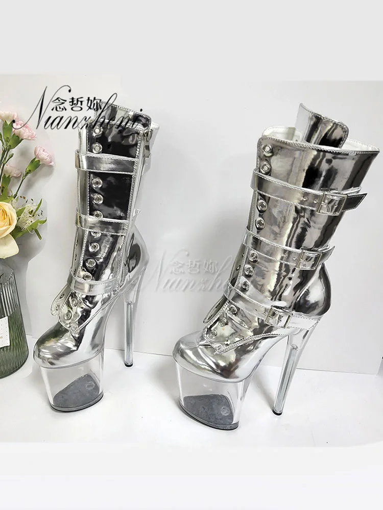 8Inches Silver Belt Buckle Ankle Boots Sexy Fetish Crystal Bottom Exotic 20cm Platform Pole Dance Women Stripper Heels Nightclub