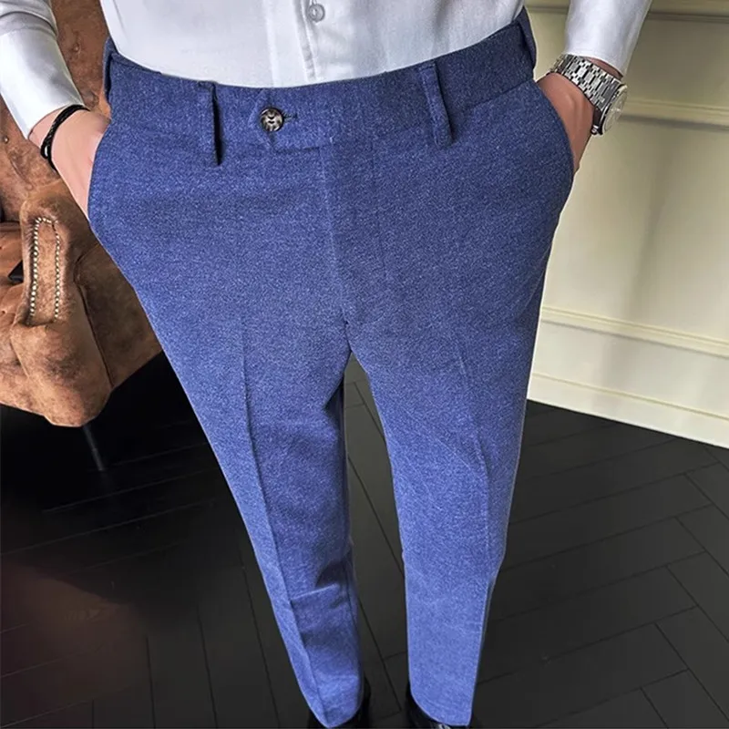 High Quality Male Pure Color Formal Suit Pants Autumn and Winter Men Wedding Ball Party Dress Thick Slim Fit Pants