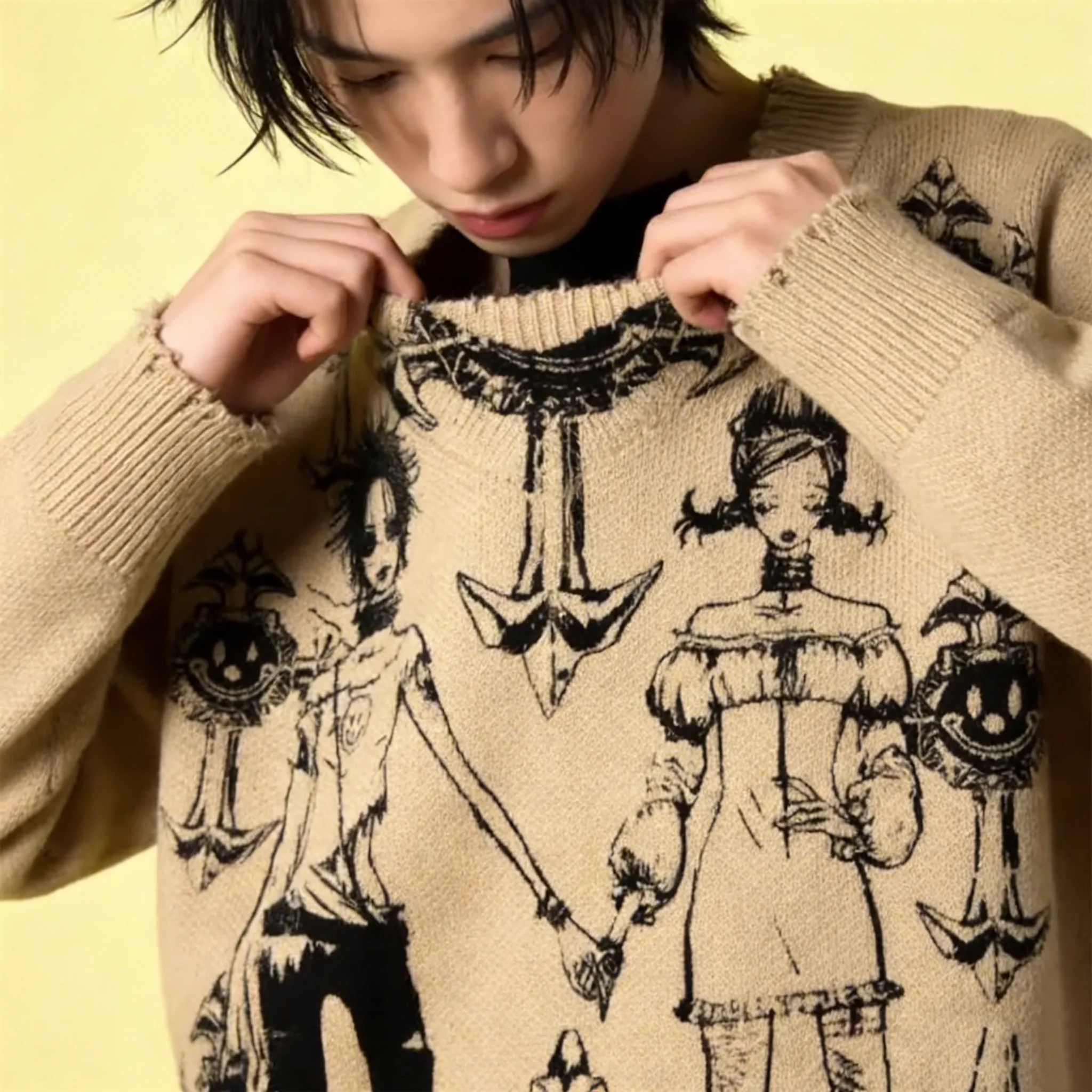 Autumn and Winter New Dark Retro Knitted Sweater American Street Trend Y2K Round Neck Loose Hooded Sweater