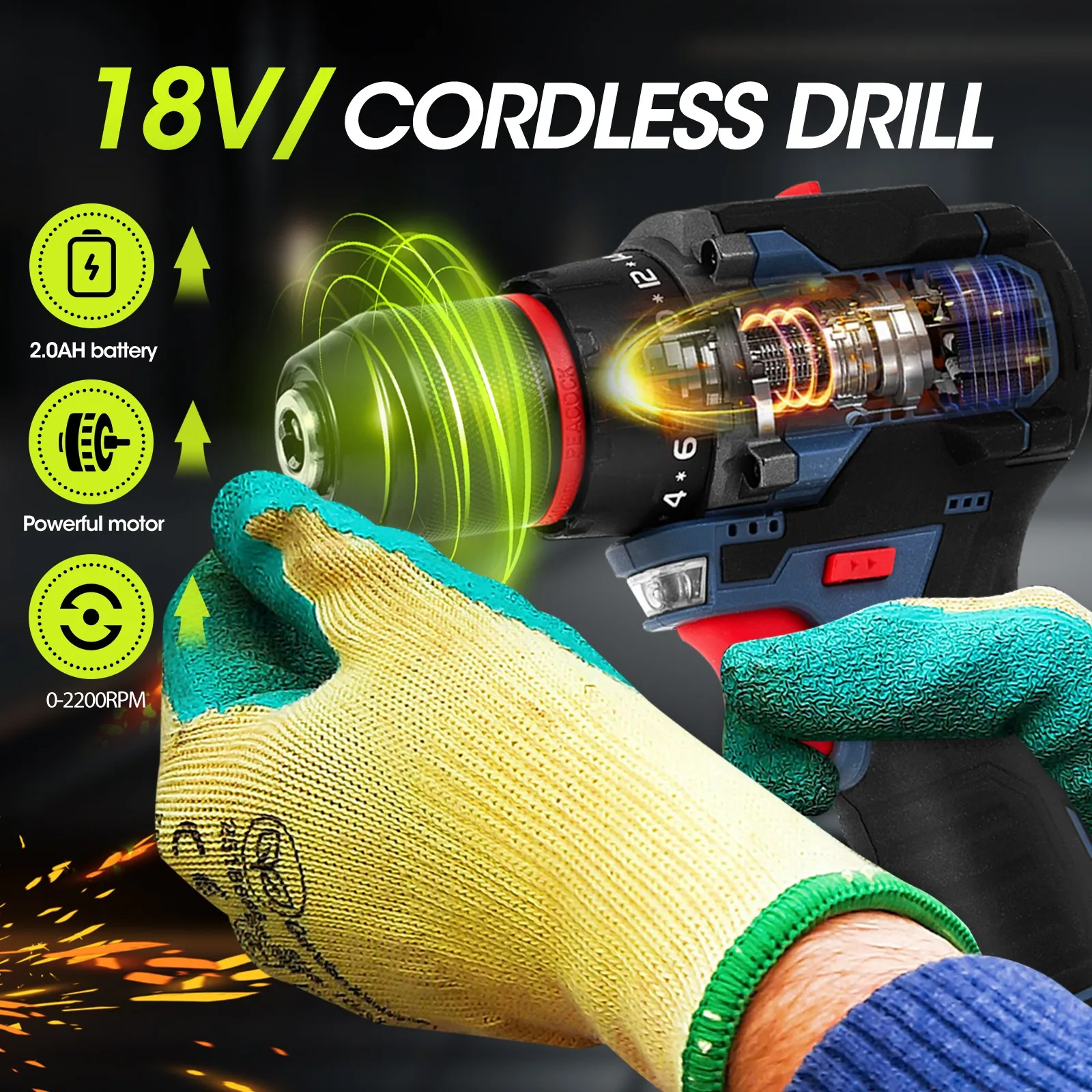 18V Brushless Motor Power Drill Drivers Lithium Electric Screwdriver Power Tool 36Nm Torque LED Light with 2000mA Battery