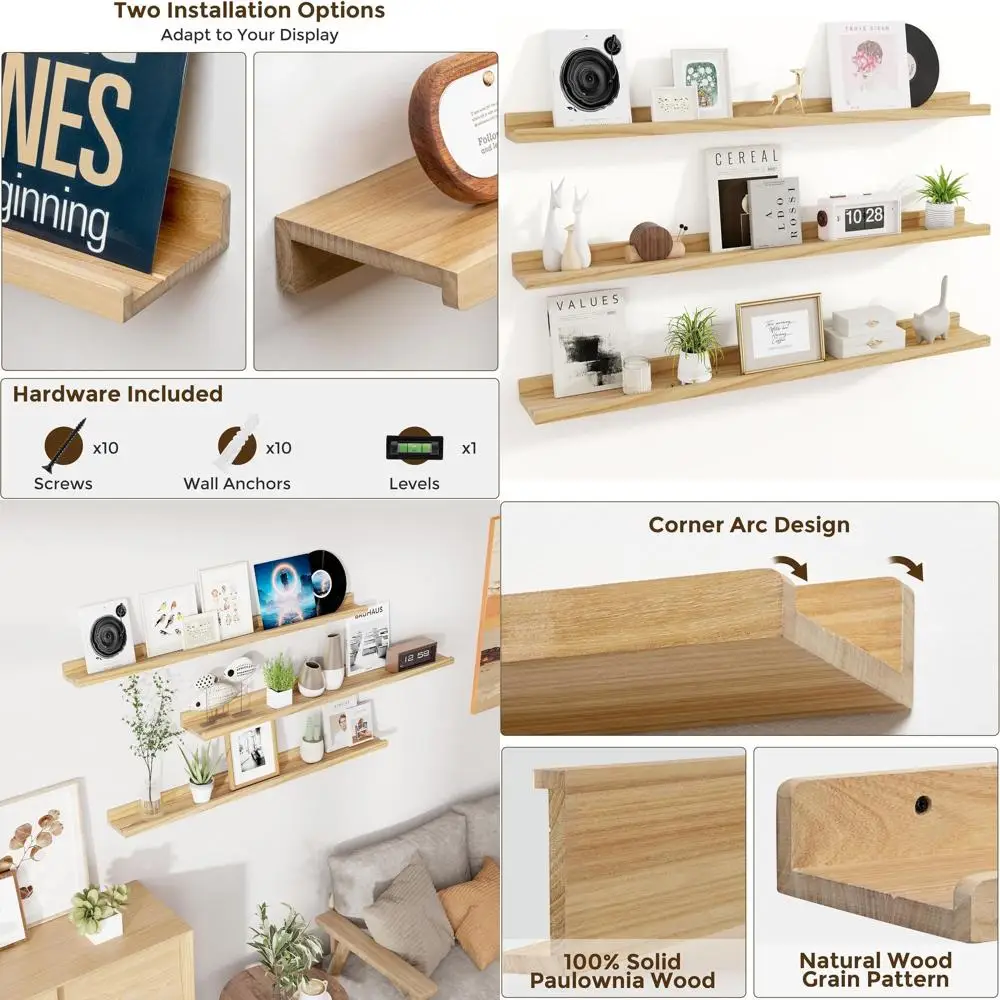 

48 Natural Solid Wood Picture Ledge Shelf Set of 3, Ideal for Home Storage and Display
