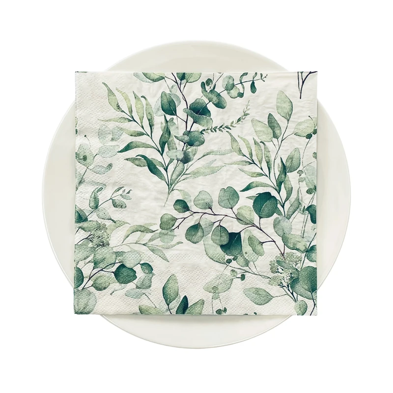 Servilletas de colores con estampado de hojas verdes, pañuelos de mesa de cóctel cuadrados ecológicos, decoraciones desechables para fiestas, paquete de 2 capas, 20 unids/lote