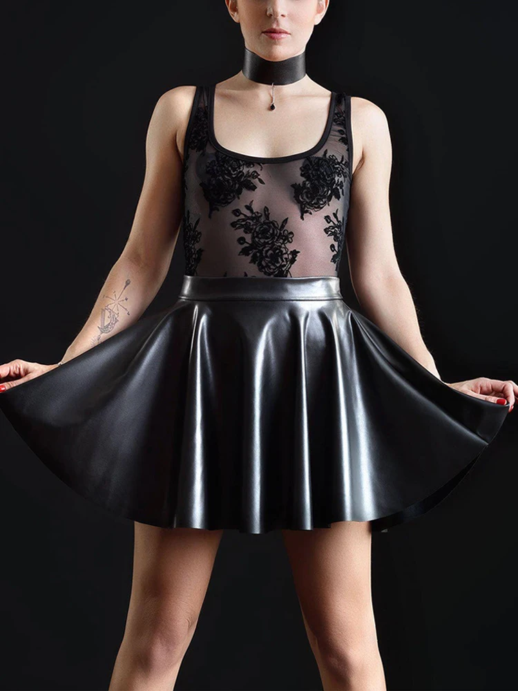 2024 Sexy Matte Leather A-Line Pleated Skirt for Women PU High Waist Loose Short Mini Skater Skirts Punk Style Club Wear Custom