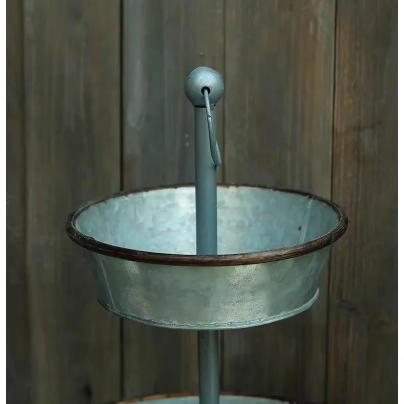 Vintage Galvanized Iron Two Tier Garden Stand, Rustic Multi Layer Plant Holder Tray, Outdoor Serving Table & Planter Display Rac
