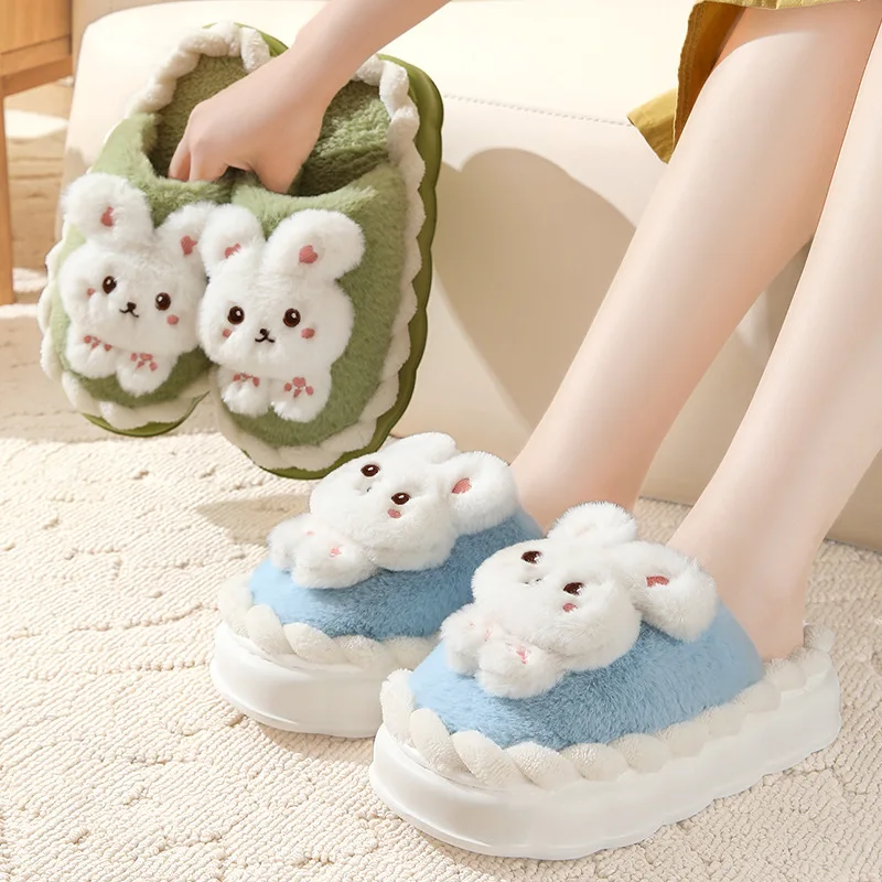 2024 New autumn pink bunny slippers women's indoor clogs fluffy rabbit comfort slipper woman kawaii winter fuzzy plush home shoe