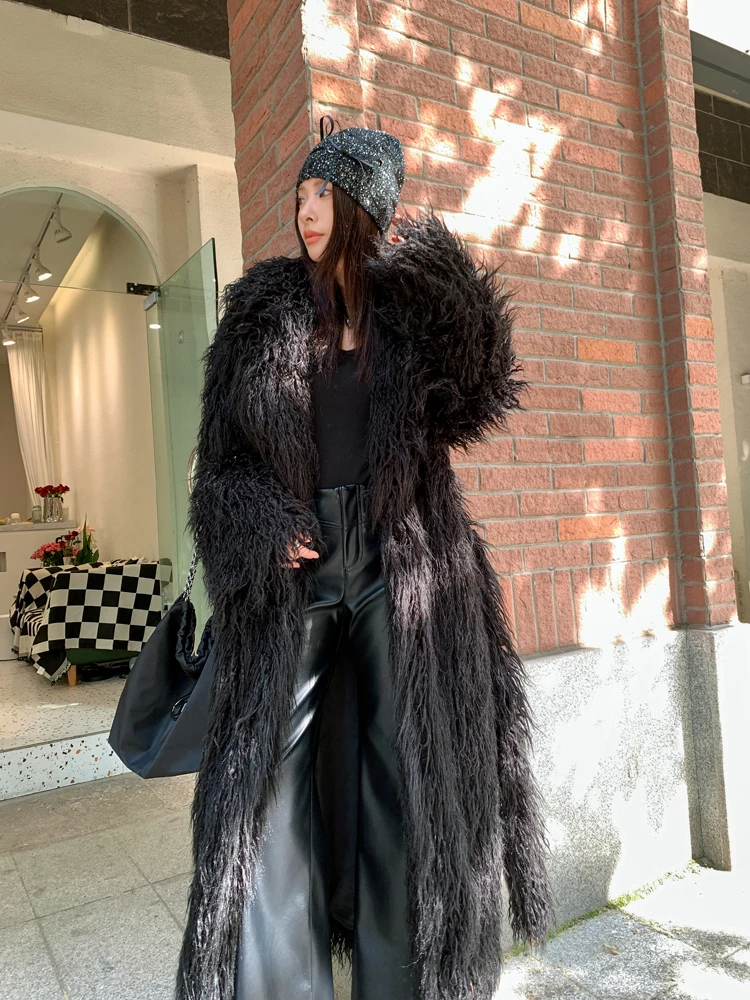 Lady Personalized Black Faux Fur Coat Female Lape Shaggy Outerwear Women's Winte Long Jacket Streetwear with Belt Promotion