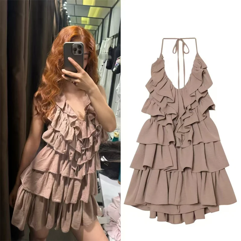 Vestido de Mujer, Nuevo Estilo Verano 2026, Color Caqui, Cuello Halter, Malla Fina, Diseño en Capas, Vestido Corto Decorativo, Sexy, Moderno y Único