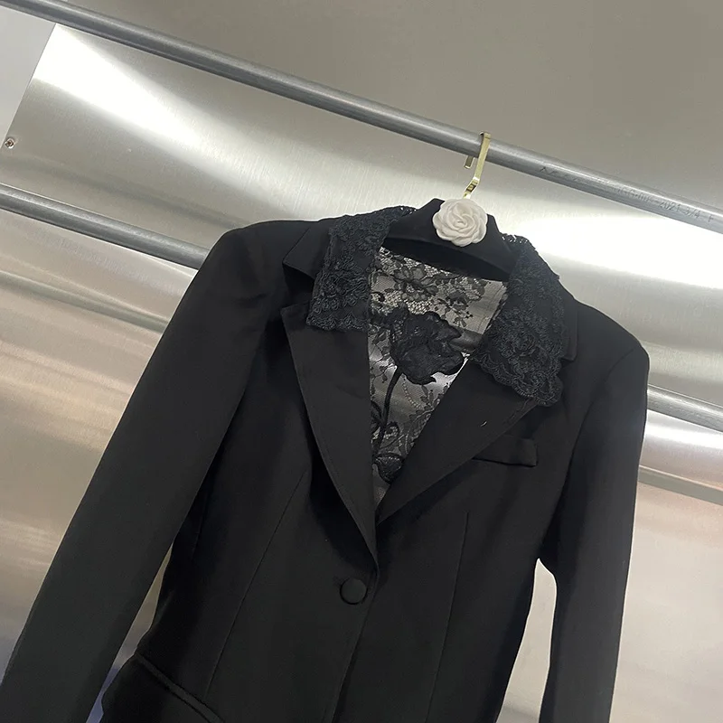 KBQ الصلبة الجوف خارج الدانتيل شيك السترات للنساء التلبيب كم طويل المرقعة جيوب التخسيس السترة الإناث الاسلوب المناسب جديد #3