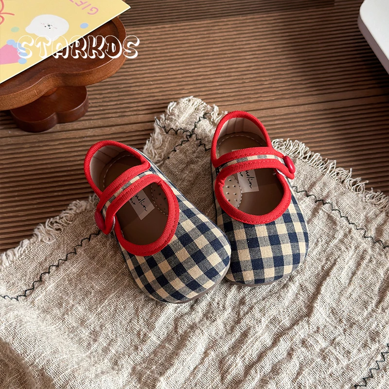 Red Navy Plaid Canvas Ballet Flats Kid Girl Retro Round Toe Button Strap Mary Jane Shoes Baby Child Autumn Soft Cloth Loafers