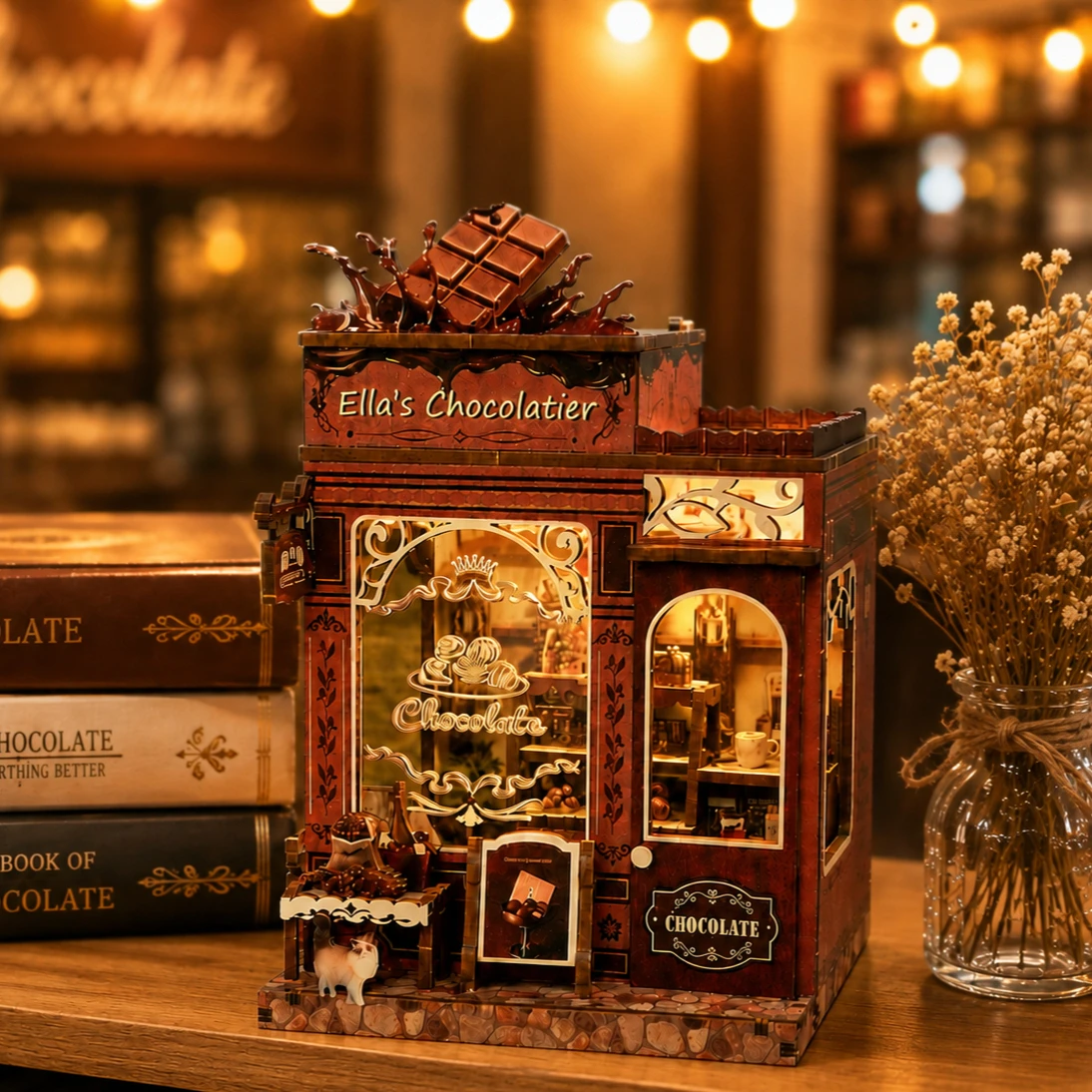 DIY Wooden Book Nook Insert Miniatures Ella’s Chocolatier Vintage Street Dollhouse Assembly Model Craft Bookends for Shelves