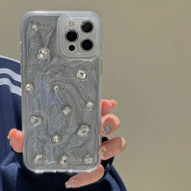 Cement Gray Swirl Phone Cases for IPhone 11 12 13 14 Pro Max for IPhone Korean Vintage Gem Heart Phone Case IPhone 11 12 13 14