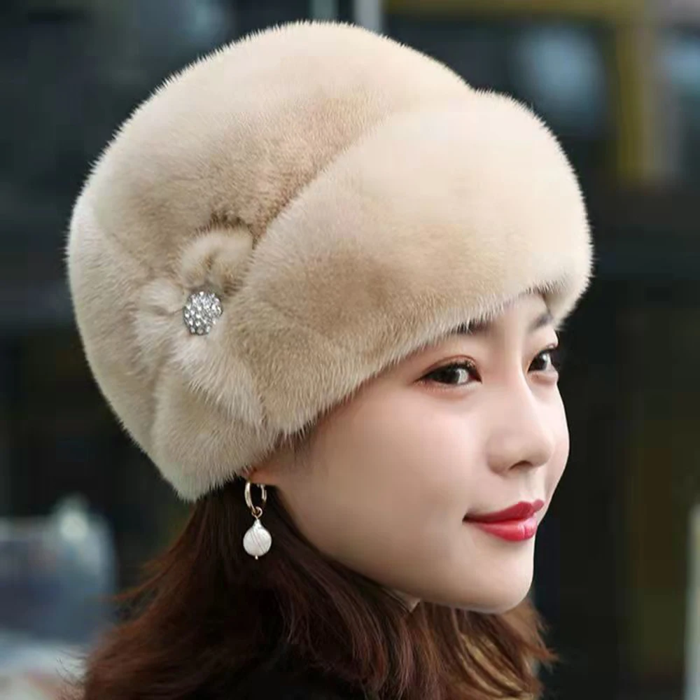 

Winter Hat Russian Fluffy Mink Decor Thickened Luxury Keep Warm Solid Autumn Winter Thermal Middle-aged Women Cap Outdoor