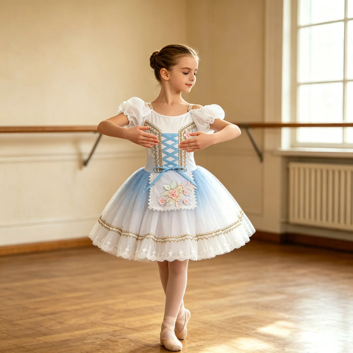 Girls Blue Gradient Ballet Tutu Dress Puff Short Sleeve 3d Floral Embroidery Lace Glitter Tulle Skirt Kids Stage Performance