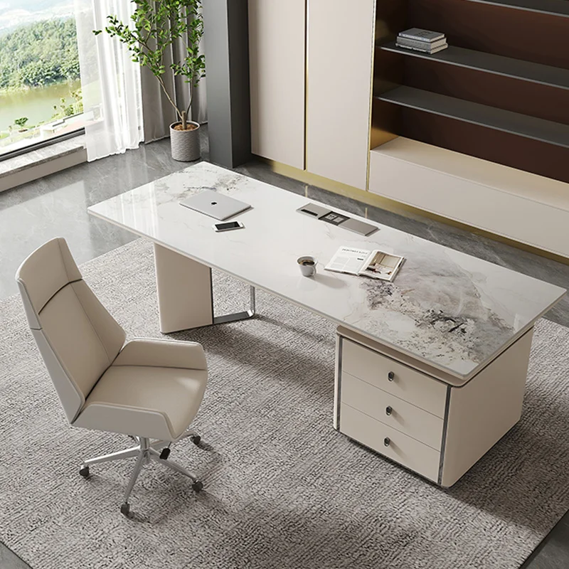 Meja Kerja Batu Sinter Modern dengan Kabinet Penyimpanan Laci dan Kaki Logam, Meja Tulis Kontemporer untuk Kantor Rumah atau Ruang Belajar