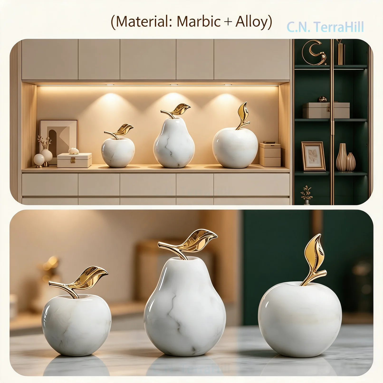 Luxury Marble Apple Pear Figurine Ornament Auspicious Fruit Decorative Sculpture for Living Room TV Cabinet Styling