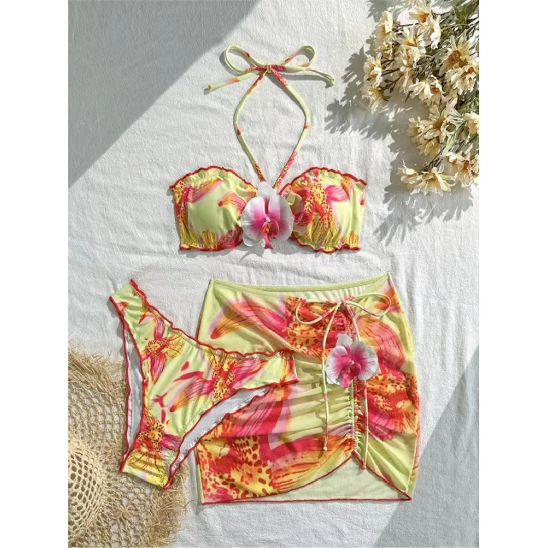 S - XL 3D-Blumen mit Rock, Neckholder-Bikini, dreiteiliges Bikini-Set, Damen-Badeanzug, Badebekleidung, Damen-Badebekleidung, Bather Swim V7324 – Detail 3