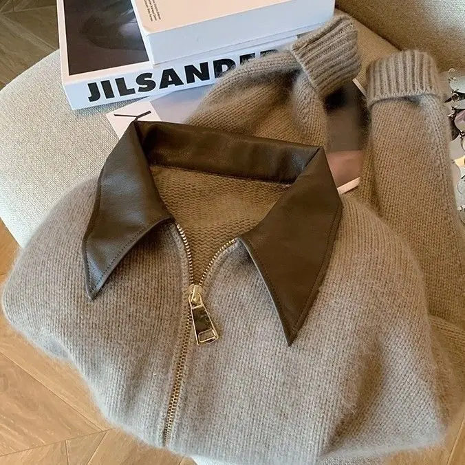 سترة نسائية أنيقة مقصوصة بسحّاب سترة محبوكة للخريف سميكة سترة منفوخة عتيقة 2000s معطف تريكو قصير مناسب