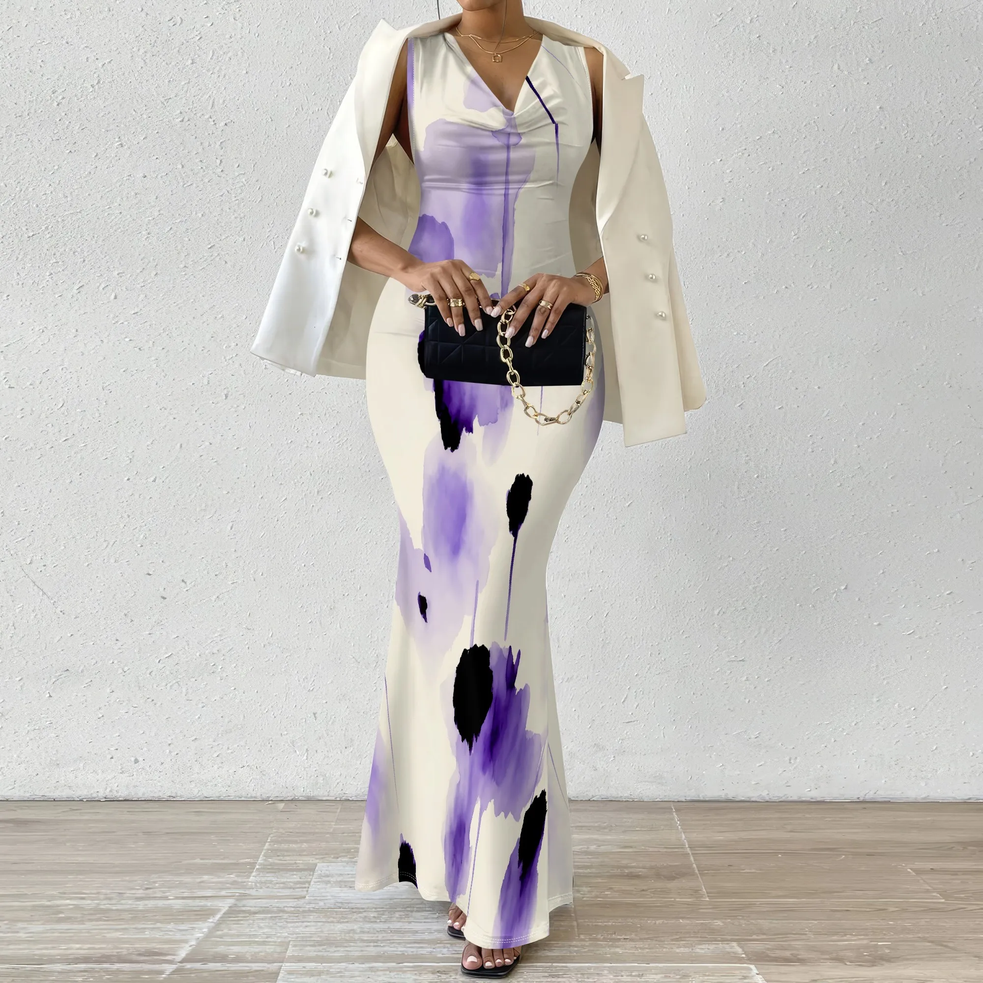 

Women's Abstract Print Maxi Dress Vintage Sleeveless Bodycon Mermaid Dress for Evening Party Wedding Guest XS-2XL