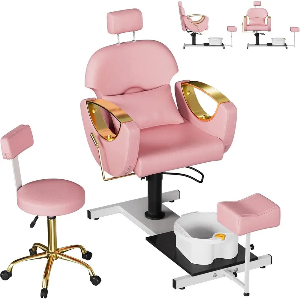Adjustable Height Reclining Pedicure Station with 360 Swivel, Massage Foot Spa Chair in Pink-Gold