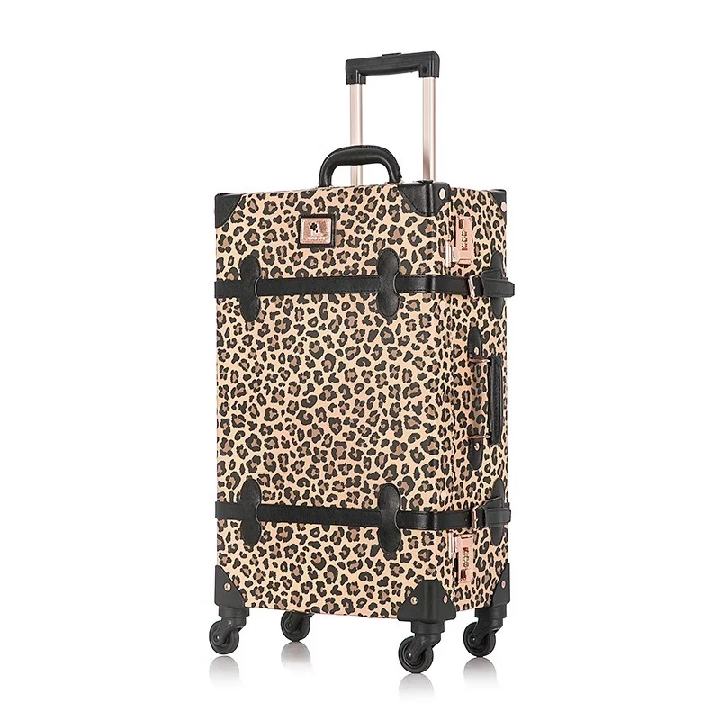 Trendy Retro Luggage Women's Roller Trunk Leopard Print Leather Suitcase 20" Boarding Box Set Waterproof Password Suitcase