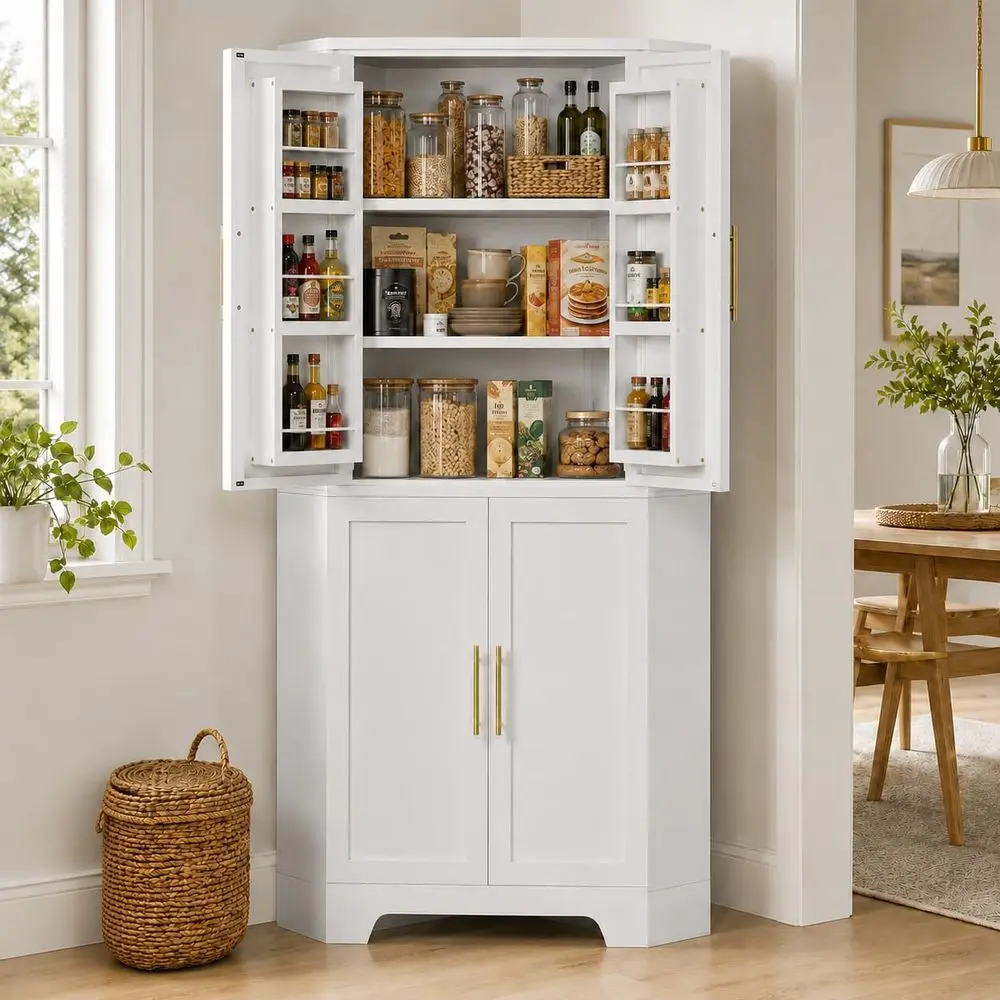 

White Tall Freestanding Kitchen Pantry Cabinet with Adjustable Shelves, Spice Rack, and Gold Handles for Kitchen, Bathroom, Livi