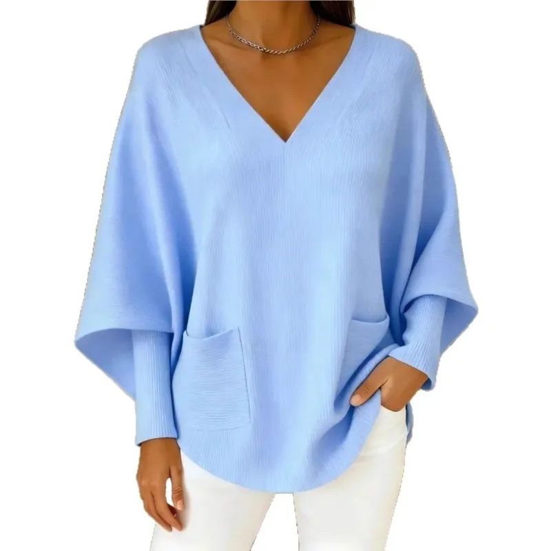 Simple Solid Knitted Sweater For Women Fashion V-neck Loose Bat Sleeve Pullover With Pocket Ladies Casual Versatile Streetwear 6