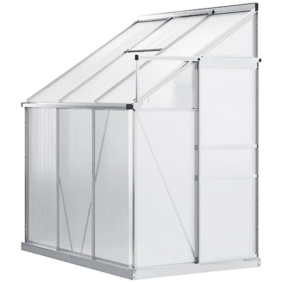 Aluminum Lean-to Greenhouse for outdoor use, silver-gray, adjustable roof vent for ventilation, clear polycarbonate panels
