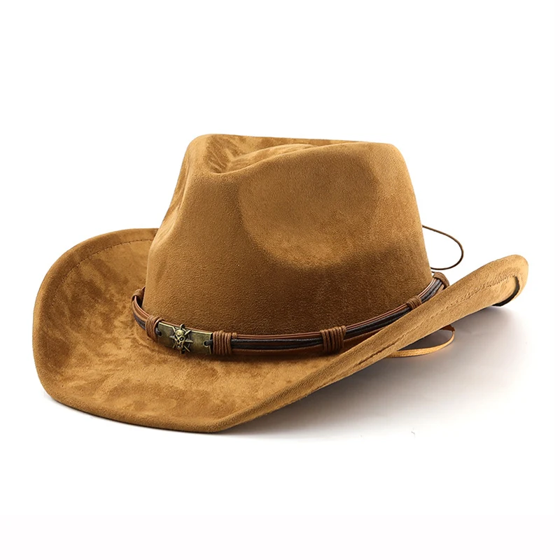 Wildleder Western Cowboy Hut für Männer Frauen Vintage gerollte Krempe Filz Jazz Hüte Outdoor Reise Ritter Hüte