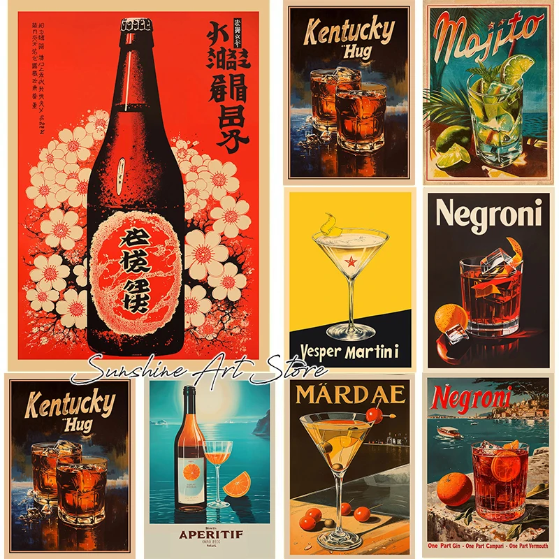 Póster de estilo publicitario de licor Vintage, cerveza japonesa, whisky, Negroni, Martini, Aperol, Spritz, cóctel, lienzo, pintura, decoración de pared