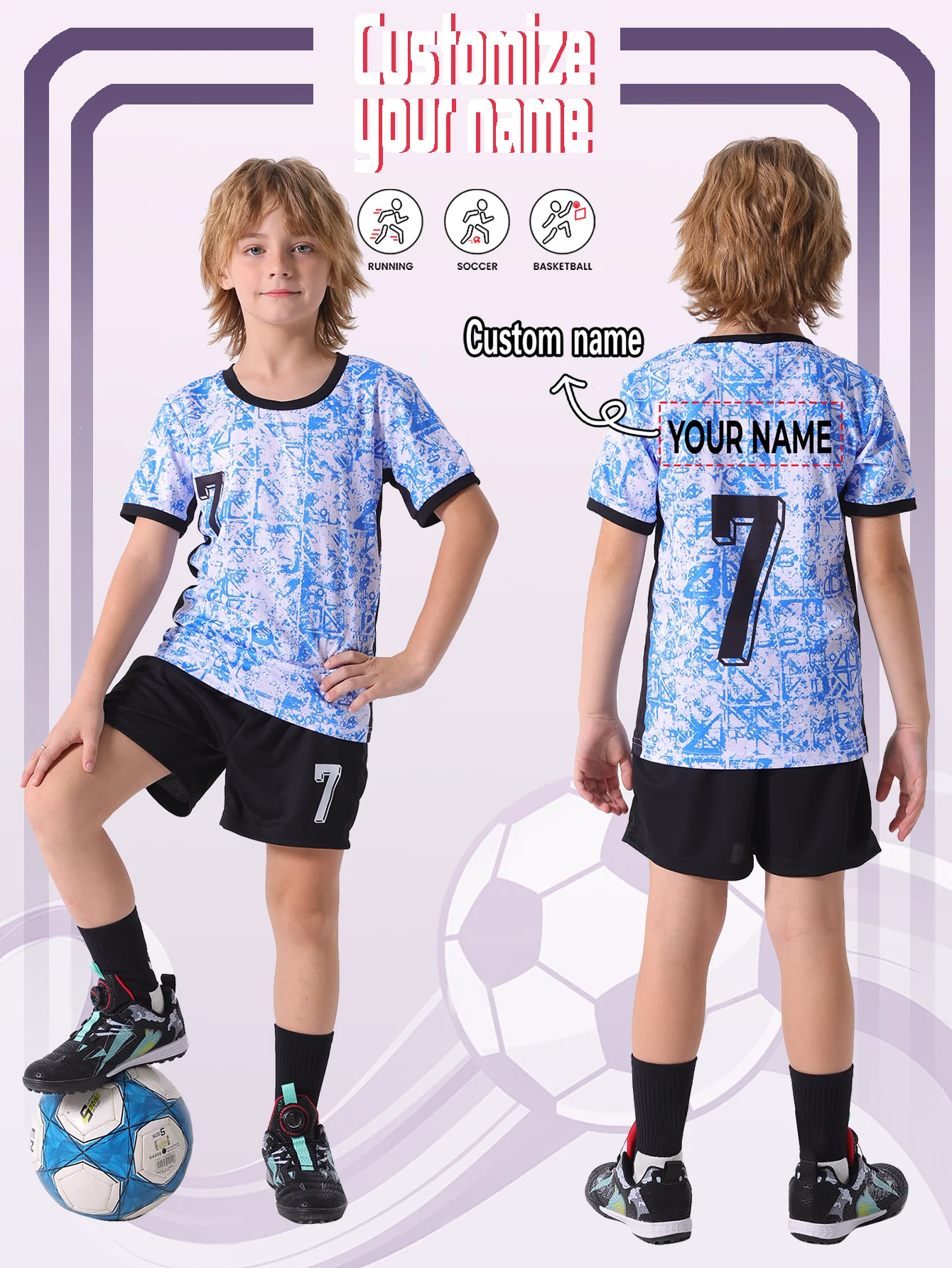 Kids And Teens Lightweight Quick-Dry Soccer Uniform Set for Sports Outdoor Wear Fixed Number 7 Back Name Personaliz