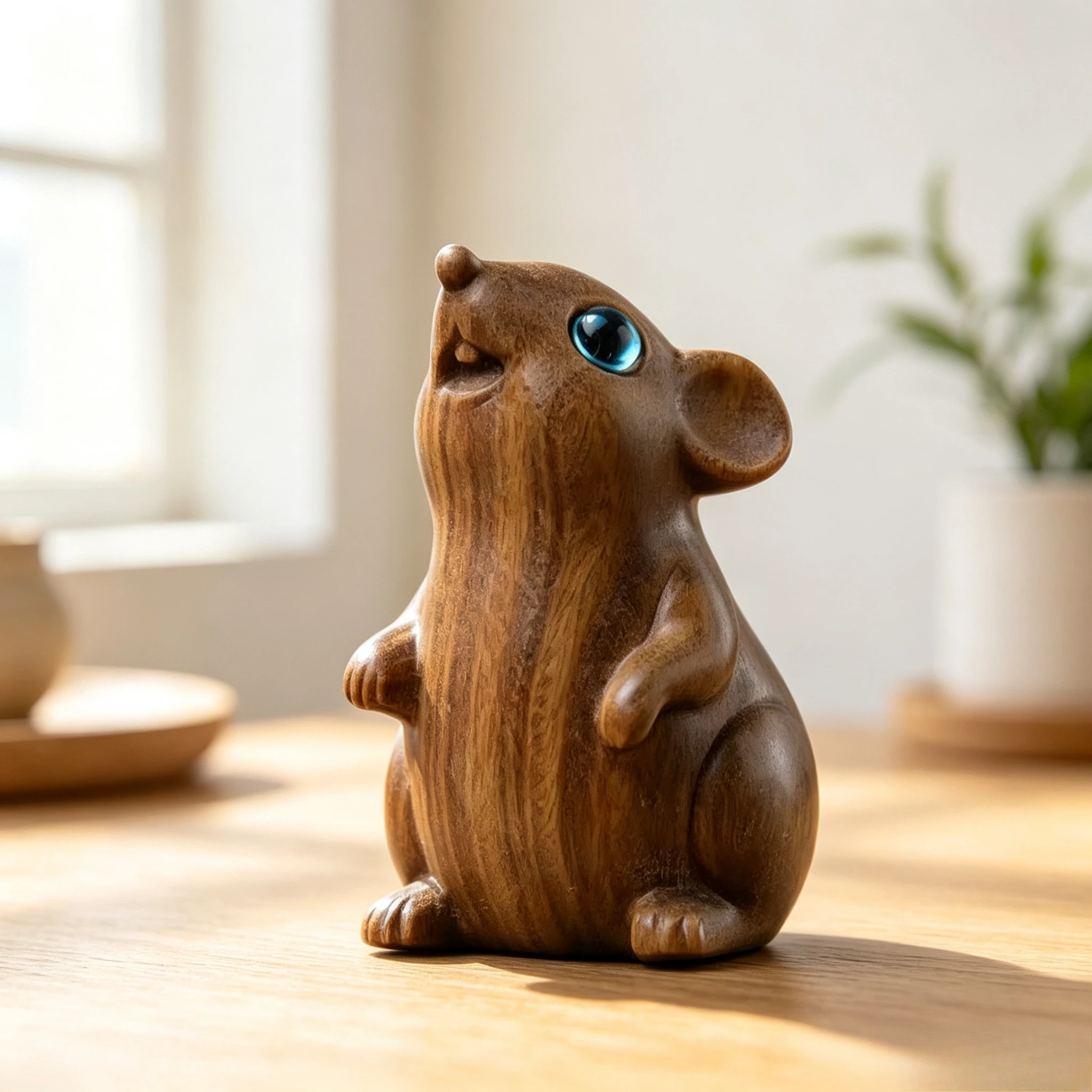 Cypress Wood Zodiac Rat Carving Cute Mouse Hamster Sculpture Handheld Ornament Desktop Decor Kids Birthday Gift, Customized
