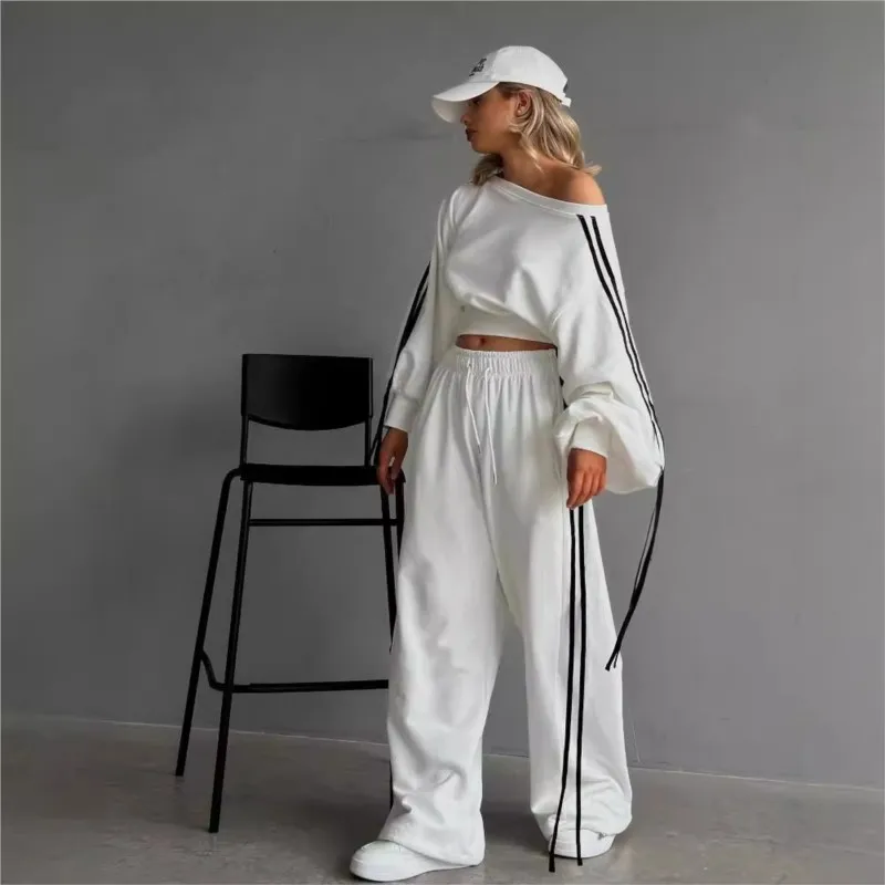 

Элегантный полосатый женский комплект с длинным рукавом, футболка и широкие брюки, праздничный белый комплект из двух предметов, женский наряд, повседневный спортивный костюм