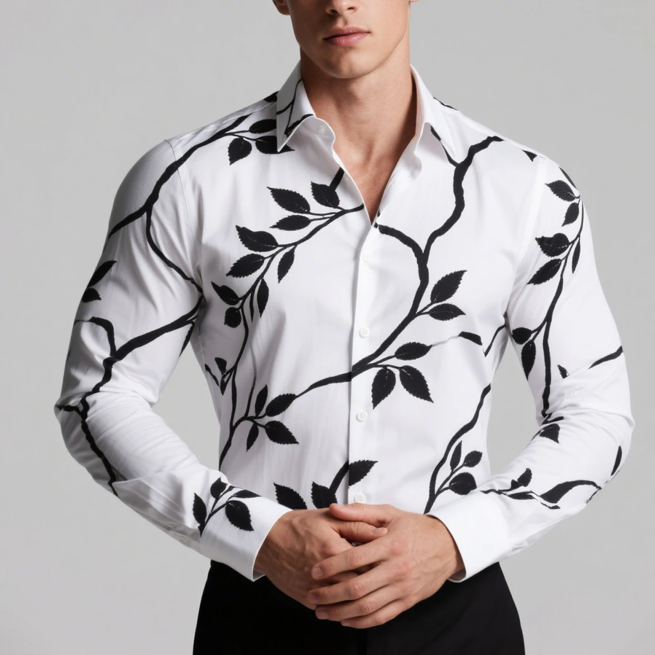 Camisa con estampado de hojas de plantas de color claro para hombre, camisa estampada con imagen geométrica, solapa de manga larga, top informal de negocios sencillo para fiesta al aire libre