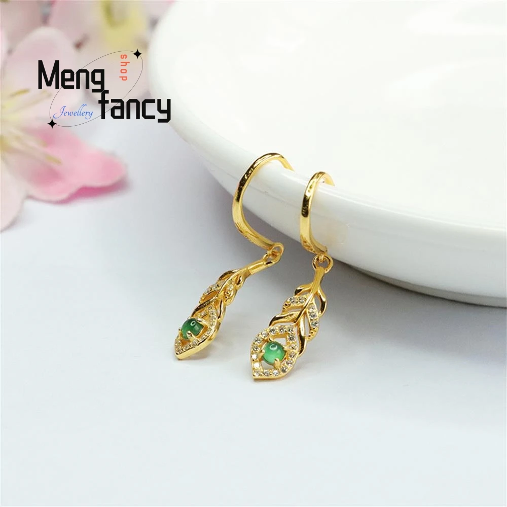 

S925 Silver Lnlaid Natural Jadeite Ice Type Imperial Green Leaf Earring Exquisite Elegant High-grade Luxury Quality Fine Jewelry