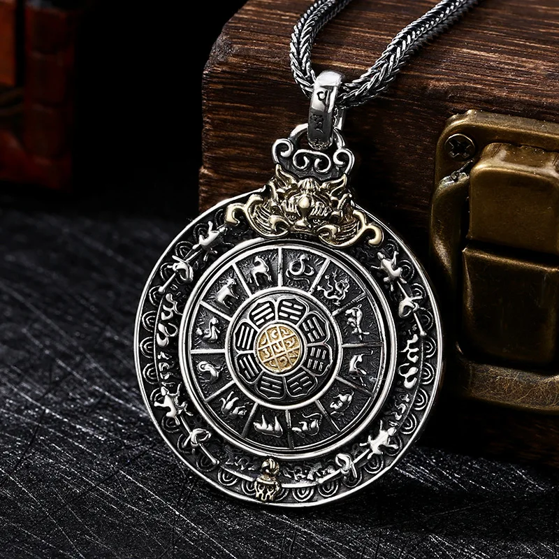 S925 Sterling Silver Chinese Zodiac Pendant Black Color Old Process Relief Bagua JinGangChu Six Words Fine Jewelry FYNE379