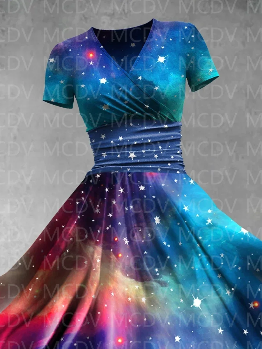 Women's Colorful Aurora Starry Sky Gradient Art Print Two-Piece Dress 3D Printed Sexy V-neck Dress Female Dresses