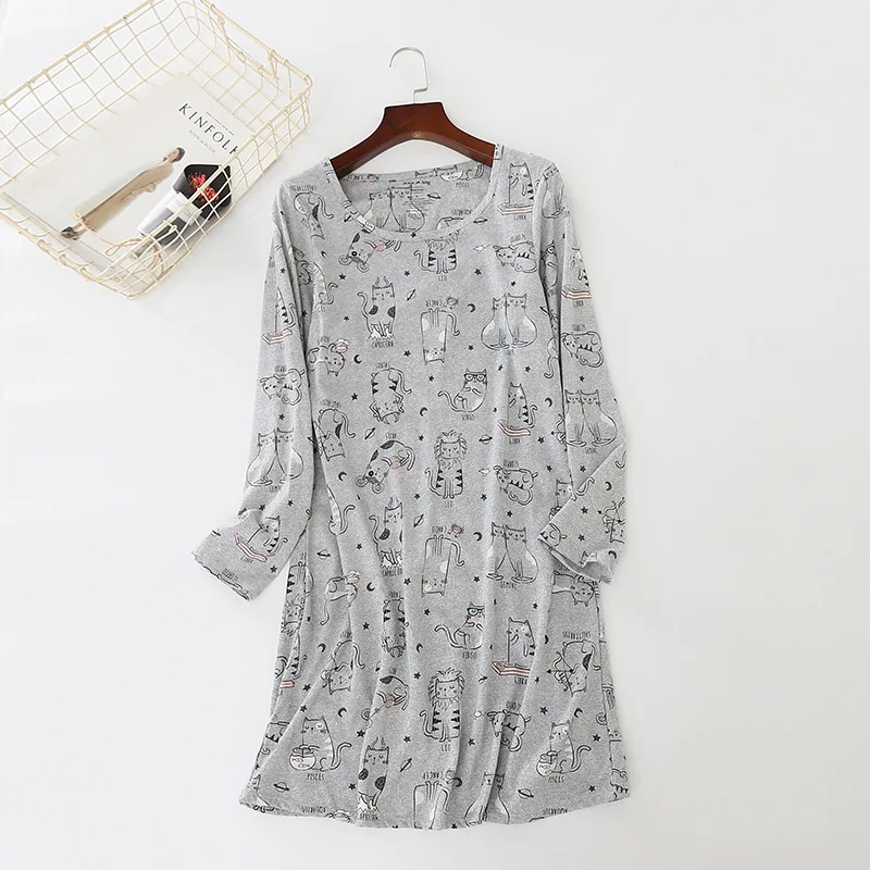 Spring Summer Women Casual Cartoon Sleep Dress Ladies Soft Cotton Nightgown Female Long Sleeve Plus Size Home Sleepshirt